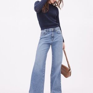 Long medium wash high waisted wide leg jeans